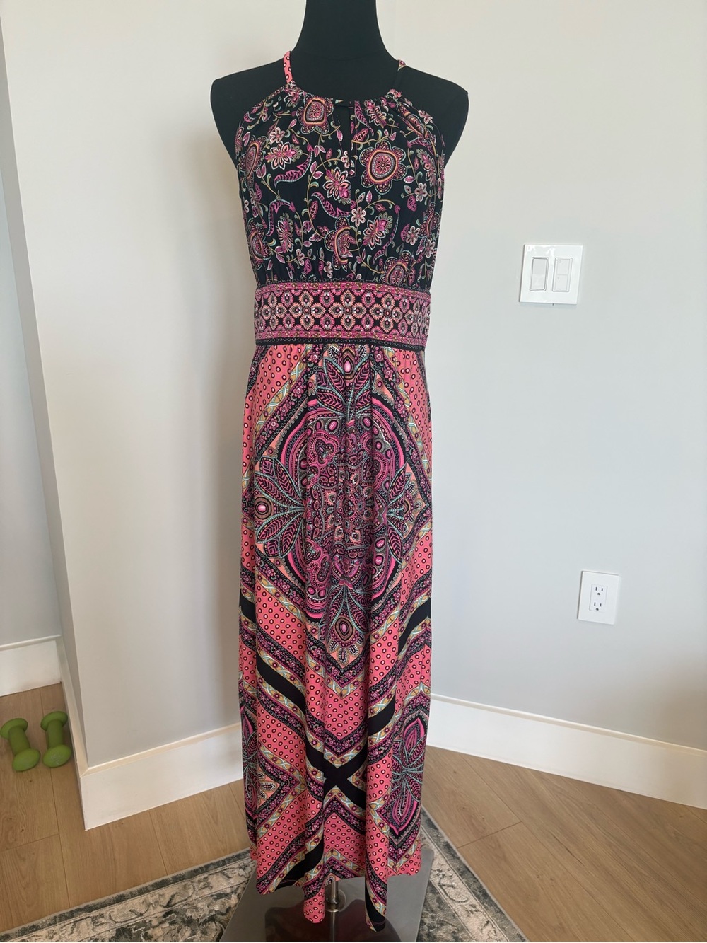 London Times Black and Pink Paisley Halter Maxi Dress